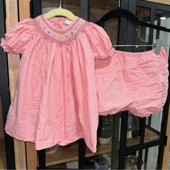 Petit Ami bishop dress smocked floral embroidered bloomers set gingham baby girl - Picture 2 of 7